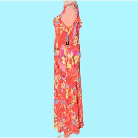 Chaudry KC Tropical Flutter Sleeve/Neck Floral Maxi Dress, Coral SZ Medium. NWT - Picture 4 of 6